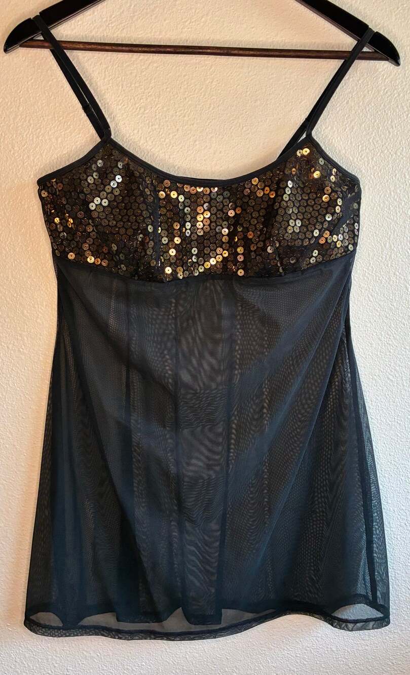 VTG Y2K Victoria Secret Gold Sequin Black Sheer Chemise Babydoll Camisole | Med